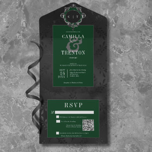 ダークゴシックブラック&グリーンフローラサテンQRコード オールインワン招待状