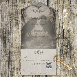 ダークゴシックブラック&タンRaven結婚のQRコード オールインワン招待状