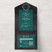 ダークゴシックブラック&ティール（緑がかった色）フローラサテンQRコード オールインワン招待状 (内側)
