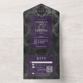 ダークゴシックブラック&パープルダマスクQRコード オールインワン招待状 (内側)