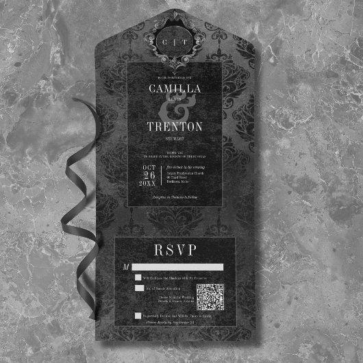 ダークゴシックブラック&ブラックダマスクQRコード オールインワン招待状