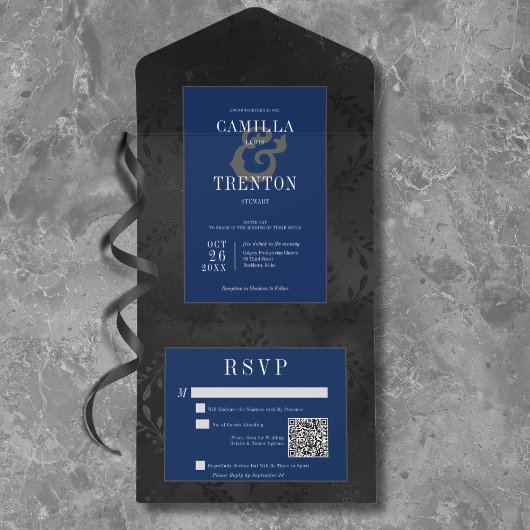 ダークゴシックブラック&ブルーフローラサテンQRコード オールインワン招待状