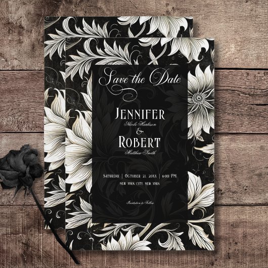 ダークゴシックヴィンテージブラック&ホワイトフローラダマスク セーブザデート