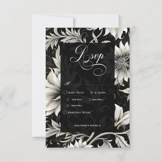 ダークゴシックヴィンテージブラック&ホワイトフローラダマスク 出欠カード (正面)