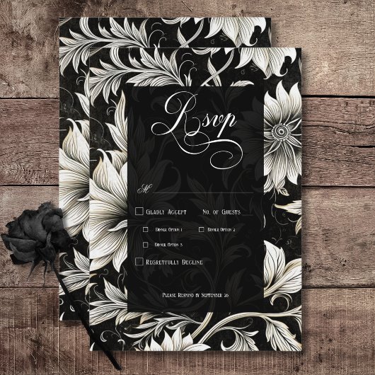 ダークゴシックヴィンテージブラック&ホワイトフローラダマスク 出欠カード