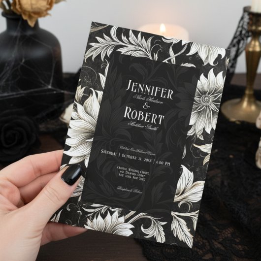 ダークゴシックヴィンテージブラック&ホワイトフローラダマスク 招待状