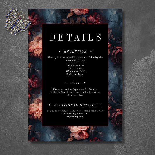 ダークゴシックヴィンテージレッド&ピンクフローラ結婚ズ エンクロージャーカード