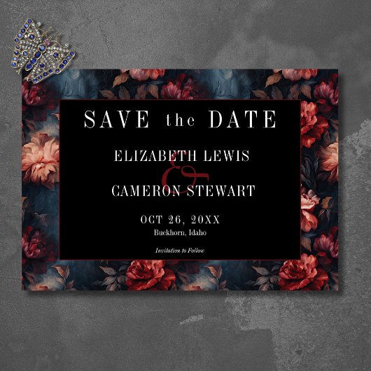 ダークゴシックヴィンテージレッド&ピンクフローラ結婚ズ セーブザデート