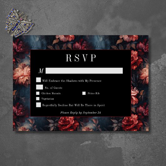 ダークゴシックヴィンテージレッド&ピンクフローラ結婚ズ 出欠カード