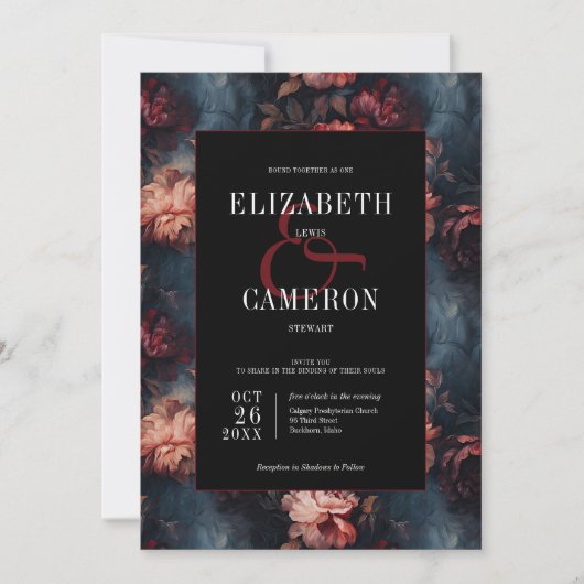 ダークゴシックヴィンテージレッド&ピンクフローラ結婚ズ 招待状 (正面)