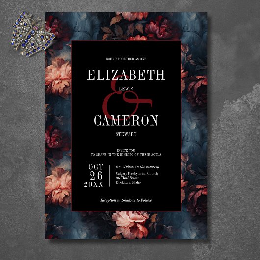 ダークゴシックヴィンテージレッド&ピンクフローラ結婚ズ 招待状