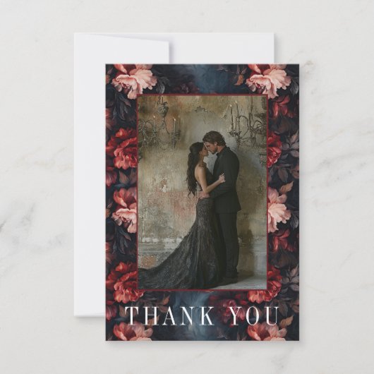ダークゴシックヴィンテージ赤ピンクフローラ写真結婚の サンキューカード (正面)