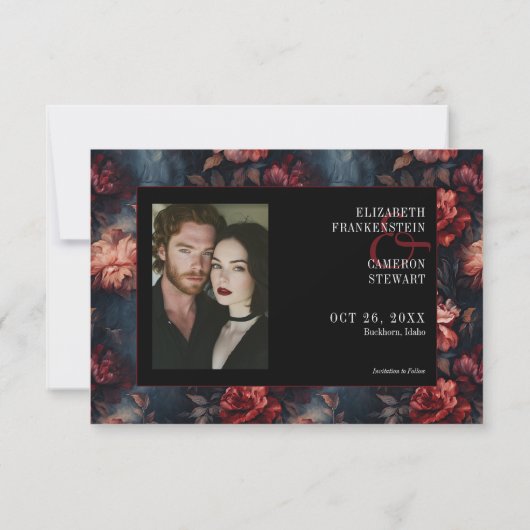 ダークゴシックヴィンテージ赤ピンクフローラ写真結婚の セーブザデート (裏面)