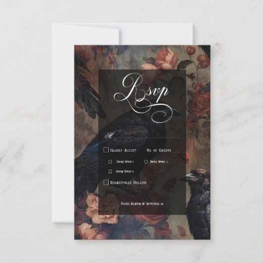 ダークゴシックヴィンテージ赤面フローラ&ブラックラヴェンス 出欠カード (正面)