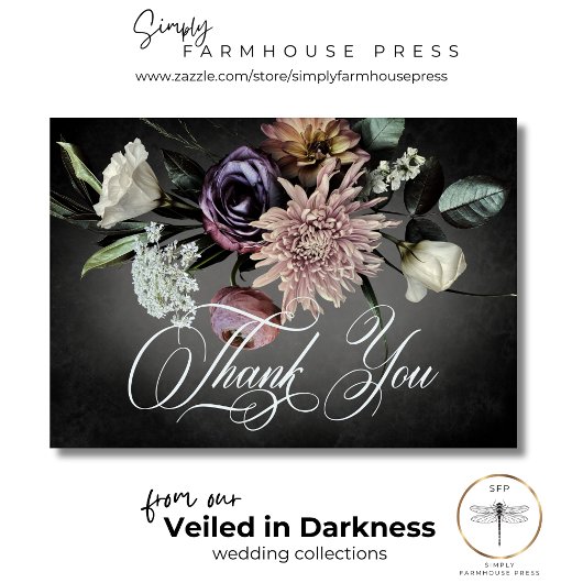 ダークゴシック神秘的にミュートされたぼやけフローラ結婚の サンキューカード