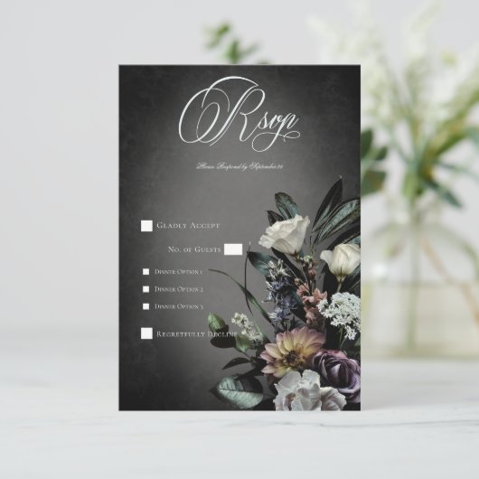 ダークゴシック神秘的にミュートされたフローラぼやけディナー 出欠カード (スタンド正面)