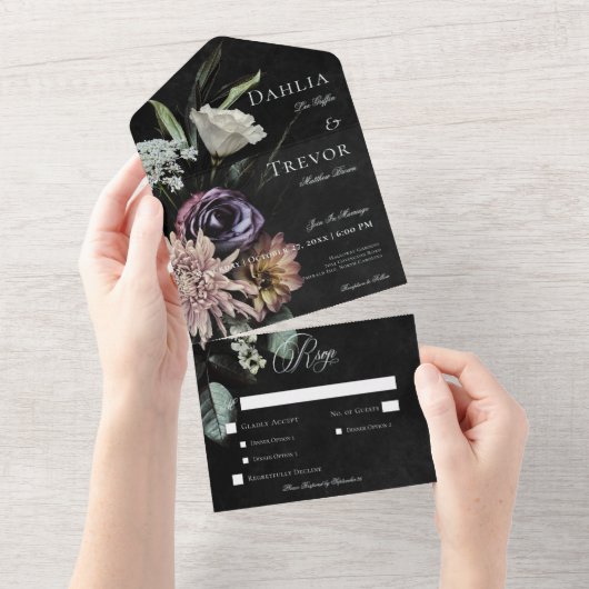 ダークゴシック神秘的にミュートされたフローラディナー オールインワン招待状 (貼ってはがせる)