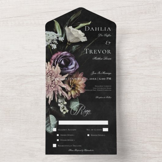 ダークゴシック神秘的にミュートされたフローラディナー オールインワン招待状 (内側)