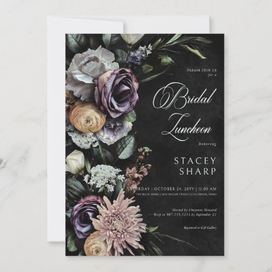 ダークゴシック神秘的にミュートされたフローラブライダルランチ 招待状 (正面)