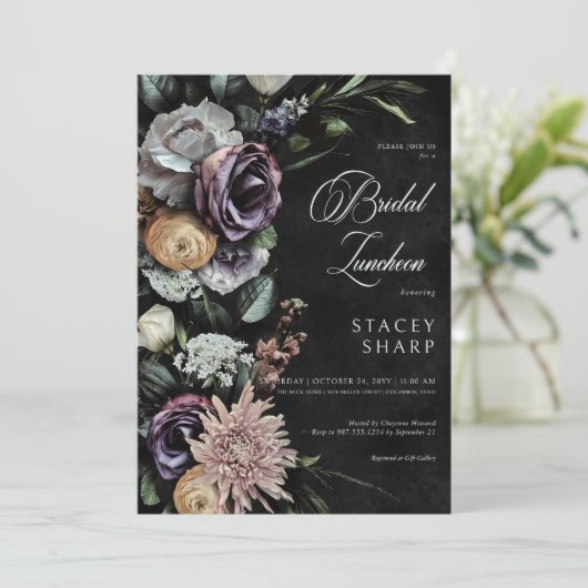 ダークゴシック神秘的にミュートされたフローラブライダルランチ 招待状 (スタンド正面)