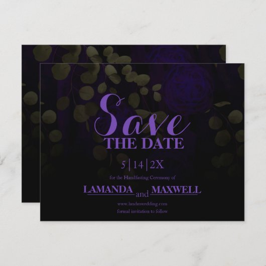 ダークゴシック紫のフローラ結婚式の日付を保存 セーブザデート (正面/裏面)