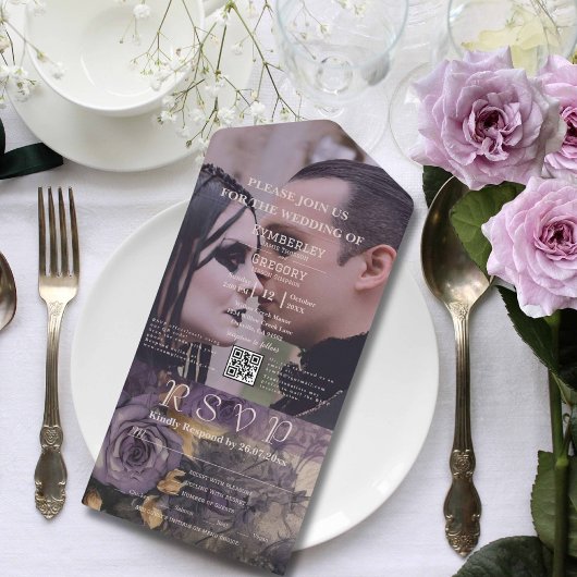 ダークゴシック紫バラフローラQRコード写真 オールインワン招待状