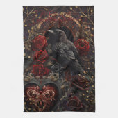ダークゴシック美しい赤いバラ黒いカラスの鳥 キッチンタオル (縦)