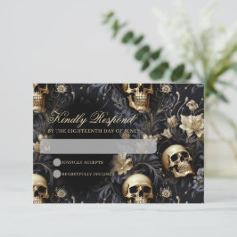 ダークゴシック金ゴールドスカル結婚&花 出欠カード