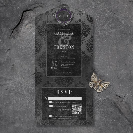 ダークゴシック黒ダマスクQRコード オールインワン招待状