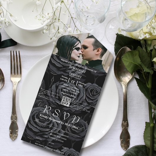 ダークゴシック黒バラフローラQRコード写真 オールインワン招待状