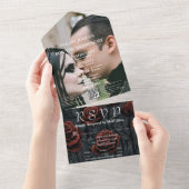 ダークゴシック黒赤バラフローラQRコード写真 オールインワン招待状 (貼ってはがせる)