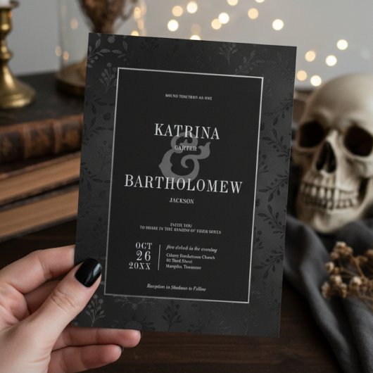 ダークゴシック ブラック フローラル サテン ダマスク ウェディング 招待状