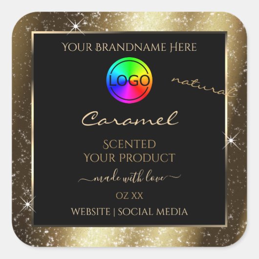 ダークゴールデングリッターフレーム製品ラベル（ロゴ付き） スクエアシール (正面)