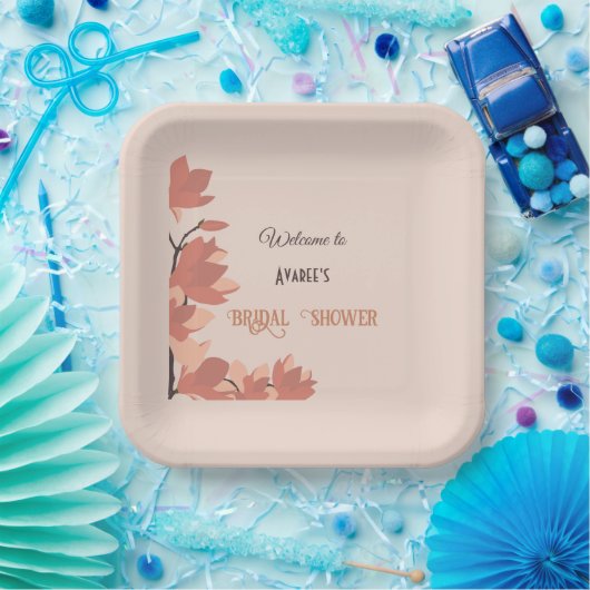 ダークサーモンクリームとブラウンフォークアートシャワー ペーパープレート (パーティー)