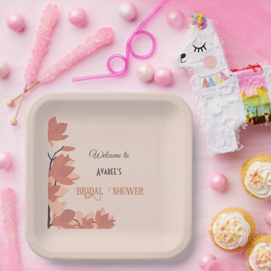 ダークサーモンクリームとブラウンフォークアートシャワー ペーパープレート (パーティー)