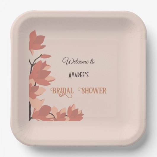 ダークサーモンクリームとブラウンフォークアートシャワー ペーパープレート (正面)