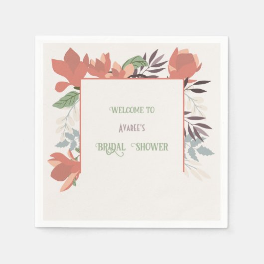 ダークサーモングリーンブルーとパープルフォークアート スタンダードカクテルナプキン (正面)