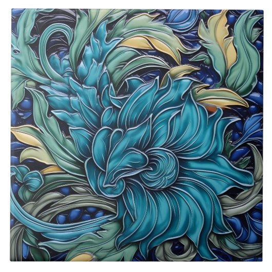 ダークシアンとグリーンアールヌーボーフローラモチーフ タイル (正面)