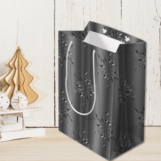 ダークシルバー雪の結晶クリスマス ミディアムペーパーバッグ