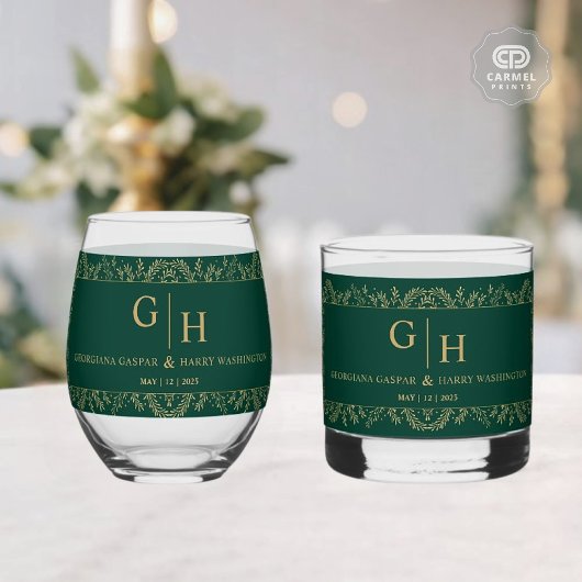 ダークジャングルグリーン金ゴールド縁どリーフフローラ結婚ズ ウイスキーグラス