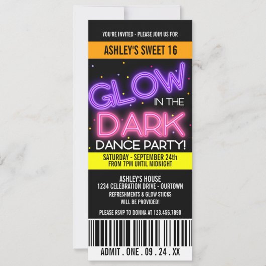 ダークスウィート16パーティーのグロー 招待状 (正面)