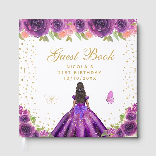 ダークスキンのプリンセスの誕生日パーティー - 紫の花柄 ゲストブック (正面)