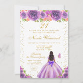 ダークスキンのプリンセスの誕生日パーティー - 紫の花柄 招待状 (正面)