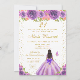 ダークスキンのプリンセスの誕生日パーティー - 紫の花柄 招待状