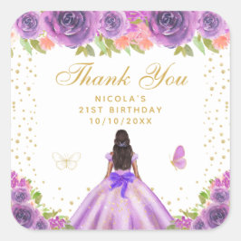 ダークスキンのプリンセスの誕生日パーティー - 紫の花 スクエアシール