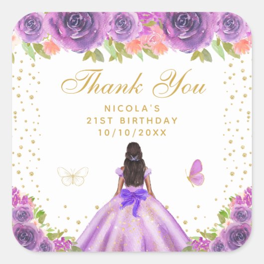 ダークスキンのプリンセスの誕生日パーティー - 紫の花 スクエアシール (正面)