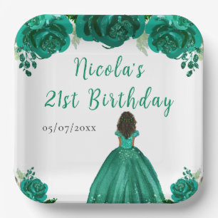 ダークスキンのプリンセス グリーン フローラル 誕生日パーティー ペーパープレート