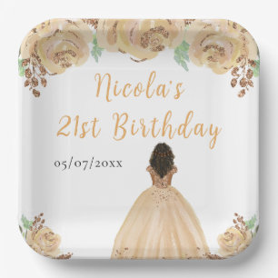 ダークスキンのプリンセス・ピーチの花柄の誕生日パーティー ペーパープレート
