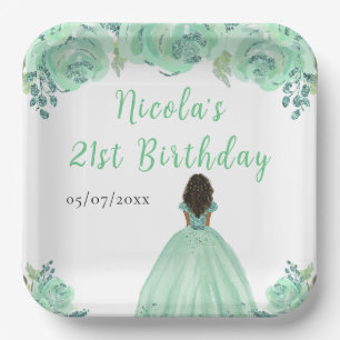ダークスキンのプリンセス ミント フローラル 誕生日パーティー ペーパープレート