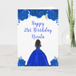 ダークスキンのプリンセス ロイヤルブルーの花の誕生日パーティー カード